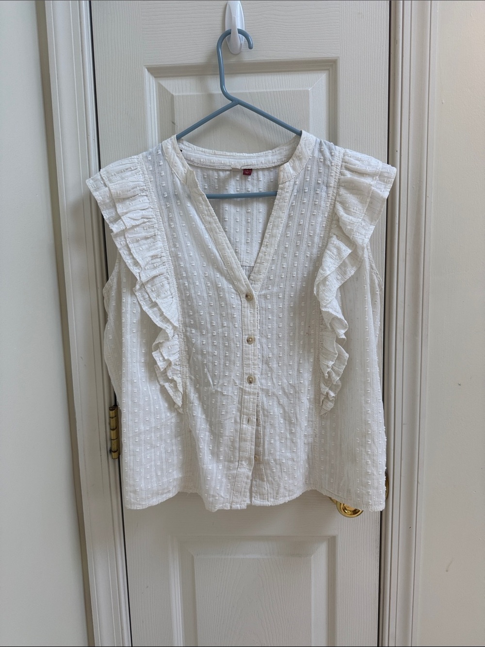 Anthropologie White Ruffled Swiss-Dot Button Front Blouse - Pilcri